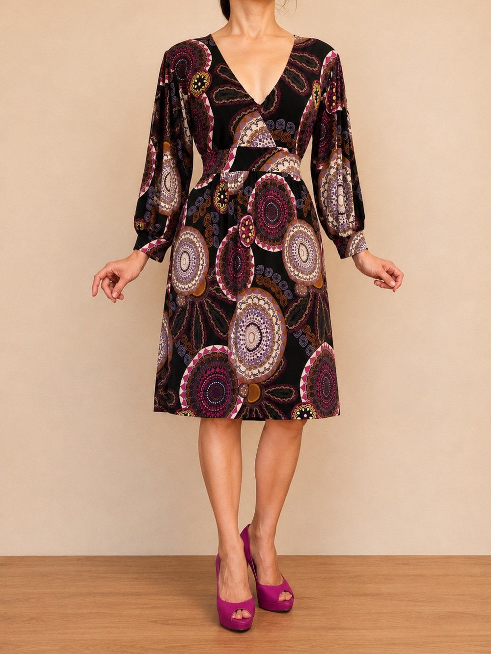 Veronica M Retro Medallion Print Empire Waist Midi Dress XS